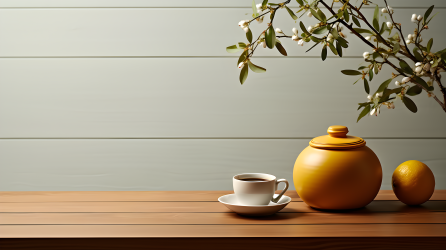 日式木质桌角落，白色背景温馨摄影图