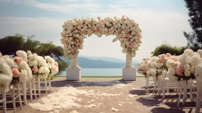 粉白色调的甜蜜户外婚礼场景摄影图