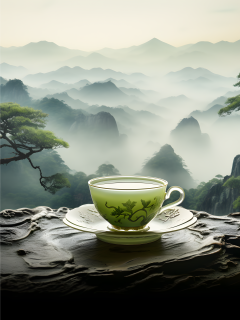 神秘雾山上的茶杯摄影图