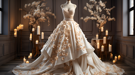 白色婚纱绣满香槟玫瑰摄影图