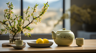 木桌上的日式简约风格白色茶壶摄影图片