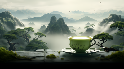 雾山茶杯摄影图