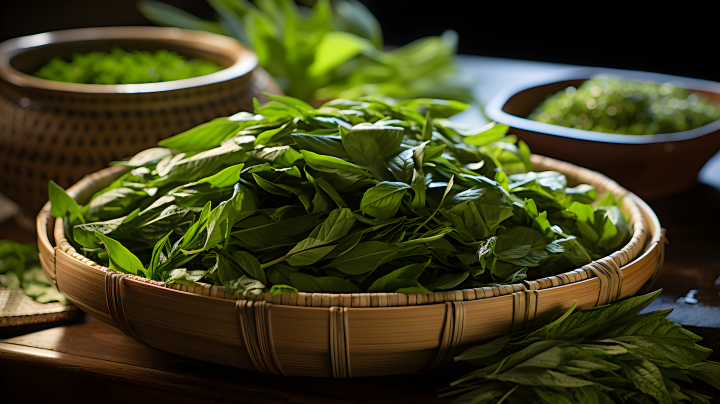 竹篮中的新鲜绿茶叶摄影版权图片下载
