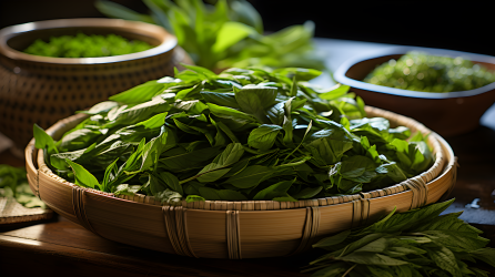 竹篮中的新鲜绿茶叶摄影图片