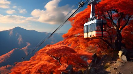 红橙色树木覆盖的山上缆车摄影图