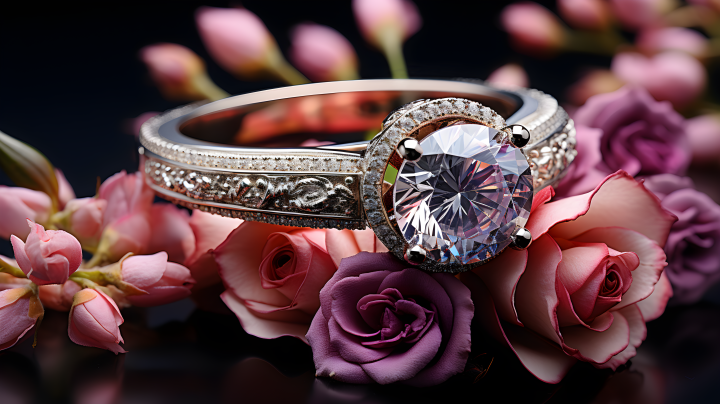 订婚钻石珠宝戒指在粉色花朵上摄影图版权图片下载