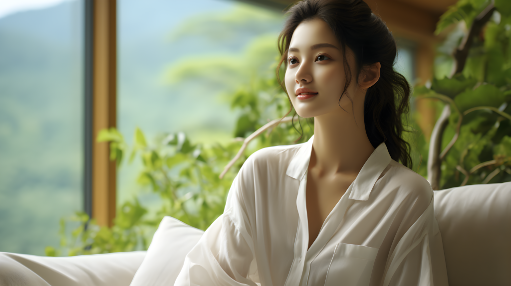 度假民宿中的白衣女子摄影图版权图片下载