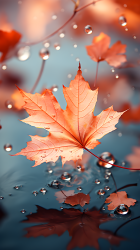 枫叶飞舞飘落到水面的秋季摄影图