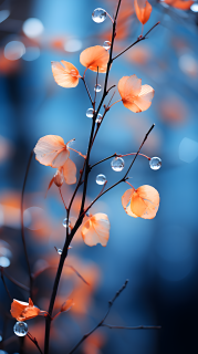 清晨秋叶枝条蓝色背景摄影图