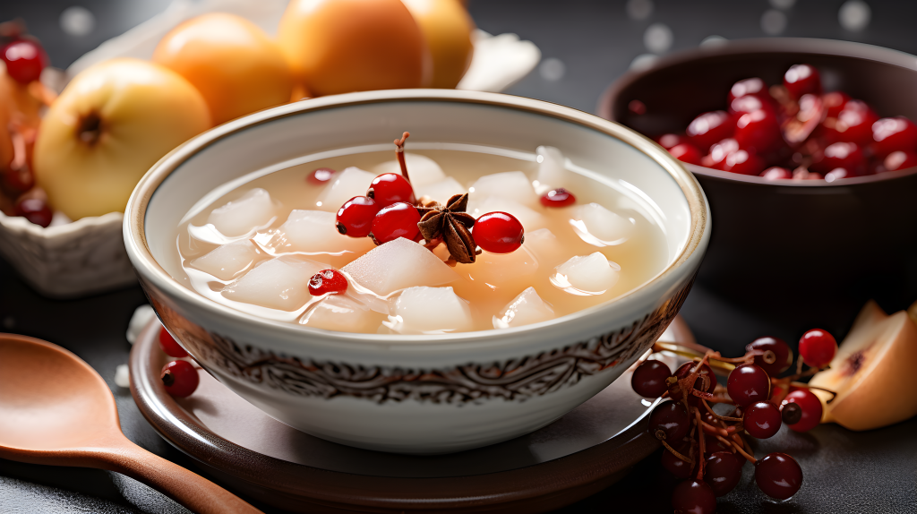 清蒸雪梨银耳汤摄影图