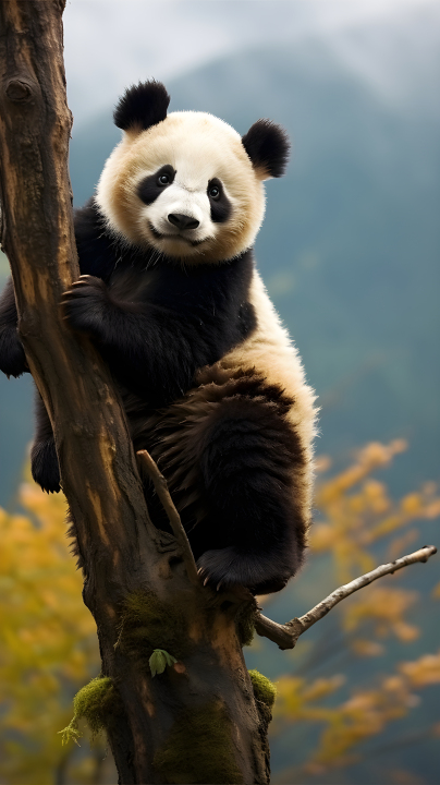 可爱熊猫树上眺望远方的摄影版权图片下载