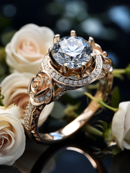 香槟玫瑰和绚丽钻石戒指摄影图