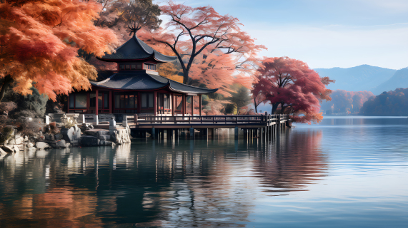 秋日风景宁静湖水红色枫叶摄影图