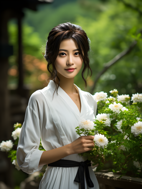 白衣素雅赏花摄影图片