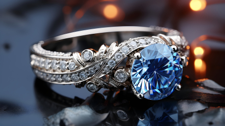 白色小钻围绕蓝宝石珠宝戒指摄影图