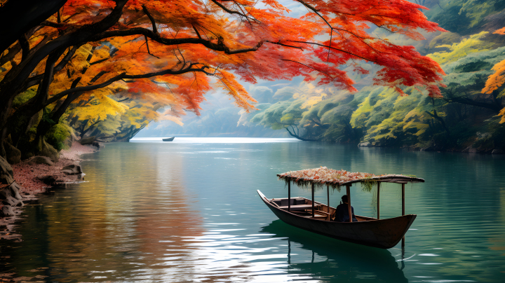 红色秋树边小渔船摄影图版权图片下载
