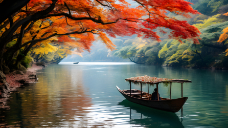 红色秋树边小渔船摄影图