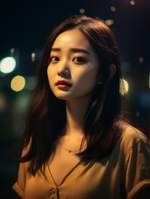 空灵夜影，华裔女子深情凝望