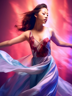 亚洲风格紫光背景下的年轻女子跳舞摄影图片