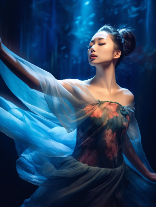 梦幻仙境下的中国传统舞者摄影图版权图片下载