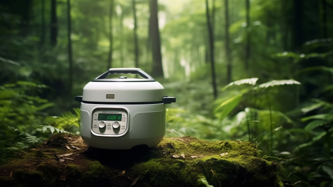 远山丛林中的高科技未来主义米饭煲摄影图