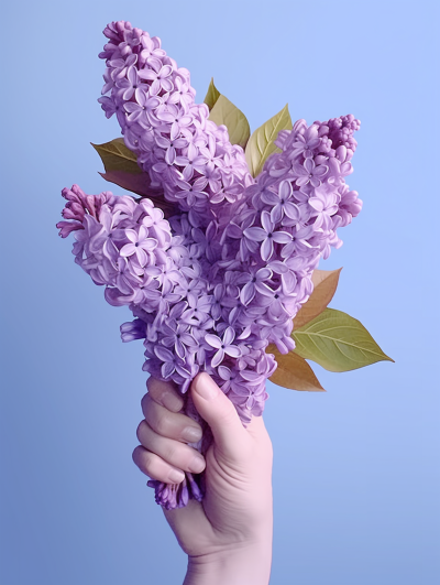 女子手持紫色丁香花摄影图片