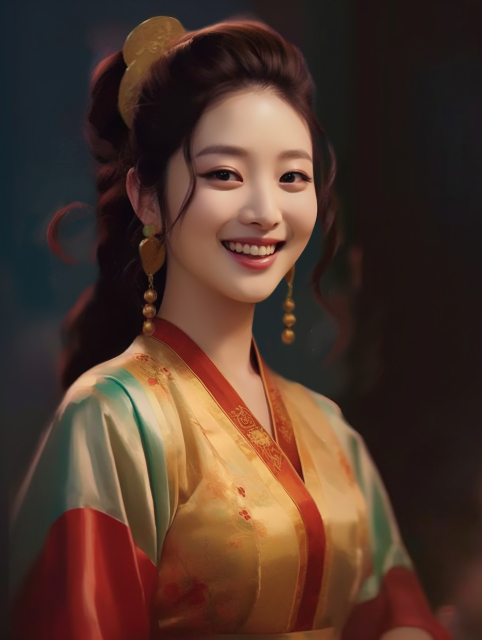 仙女风轻红金传统中式服装女子微笑摄影图片