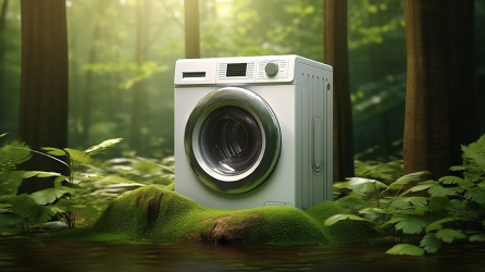 青苔丛生的森林中的洗衣机摄影图片