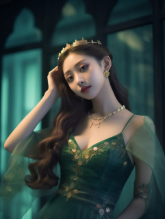 绿宝石光芒下的珞英仙子公主装摄影图片