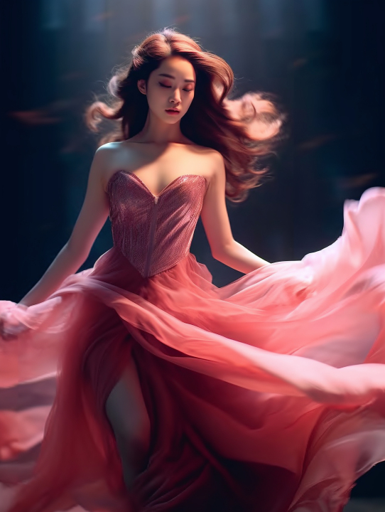 亚洲女性之美，梦幻浪漫的粉红与淡红晚礼服摄影版权图片下载