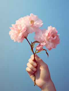 手持粉色花朵唯美摄影图