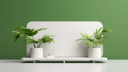 绿植盆栽装饰的白色展台摄影图片