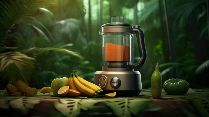 丛林中的橙子香蕉和搅拌机摄影图版权图片下载