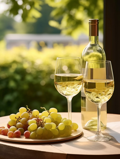 窗前白葡萄酒阳光明媚的户外美景摄影图