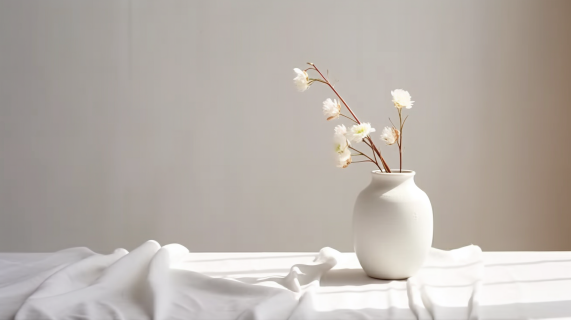 极简纯色的白桌布上摆放着白色花瓶摄影图片