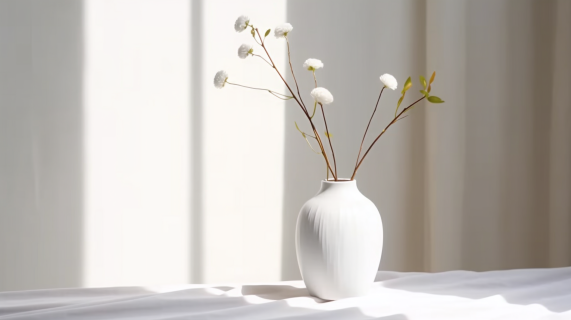白色花瓶盛放着白色小花摄影图片