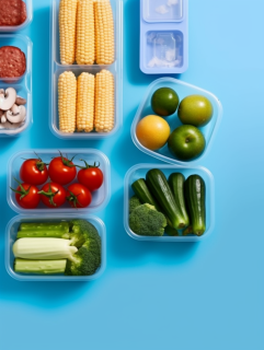 塑料容器中的蔬菜与肉类摄影图片