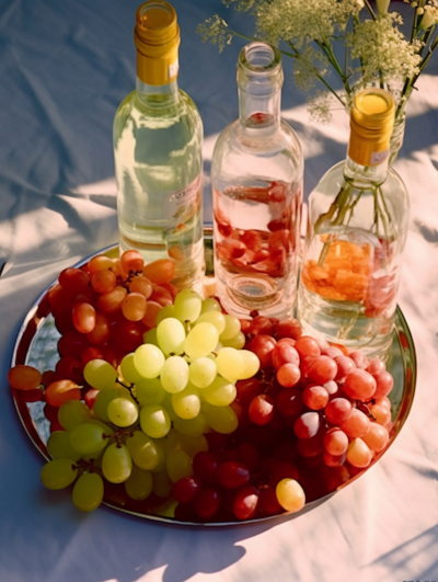 白色桌布上的红绿葡萄与三瓶酒摄影图