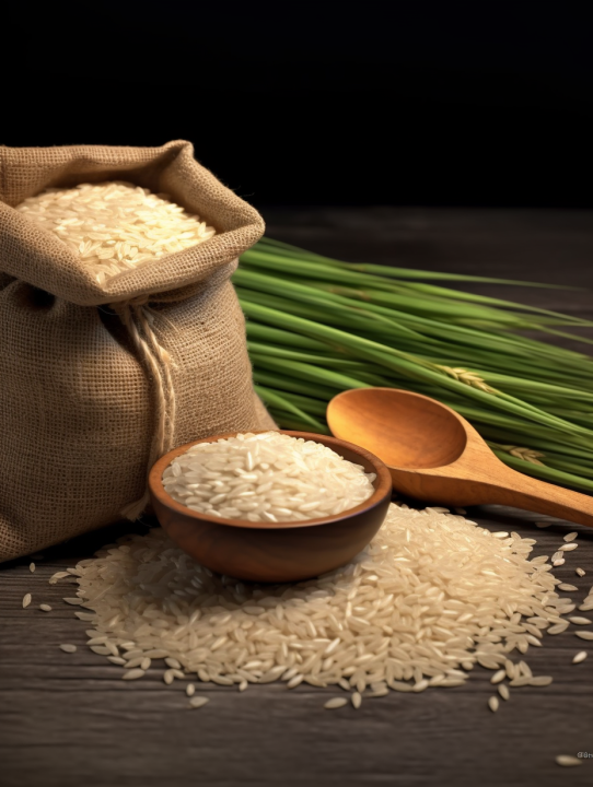 稻田奇观：稻米袋中的稻穗与勺子摄影版权图片下载