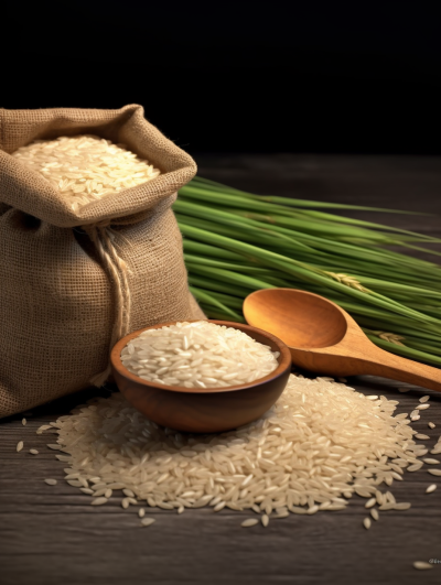 稻田奇观：稻米袋中的稻穗与勺子摄影图片