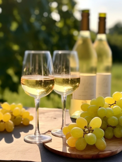 阳光下的白葡萄酒与葡萄摄影图