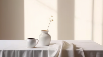 白色桌布上的白色花瓶摄影图片