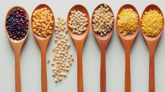 青春精力四溢的小麦种子和谷物在勺子上的摄影图