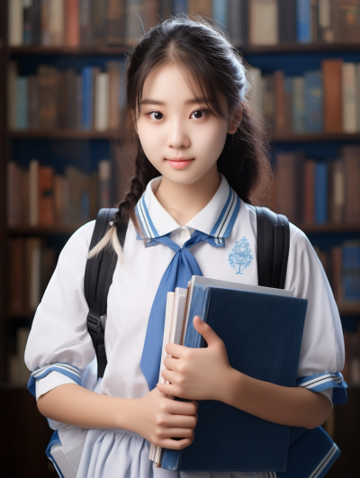 少女手持书籍穿着蓝色制服的摄影图片