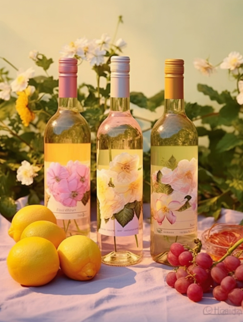 白色葡萄酒与小清新花朵的摄影图片