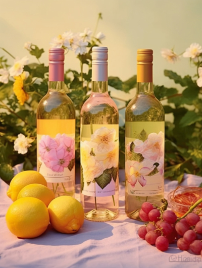 白色葡萄酒与小清新花朵的摄影图片