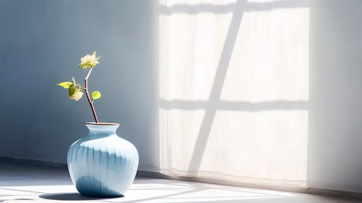 淡雅蓝色花瓶自然光线摄影图版权图片下载
