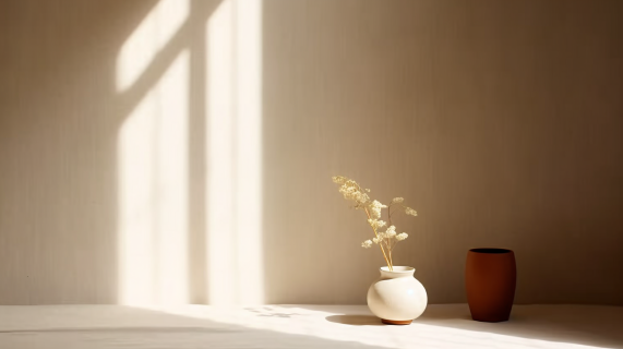 明媚阳光下的白花瓶摄影图片