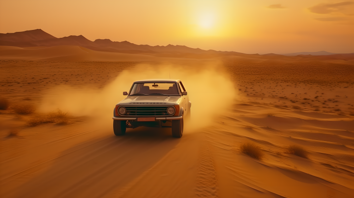 沙漠飞驰，尘土飞扬的汽车速度摄影版权图片下载