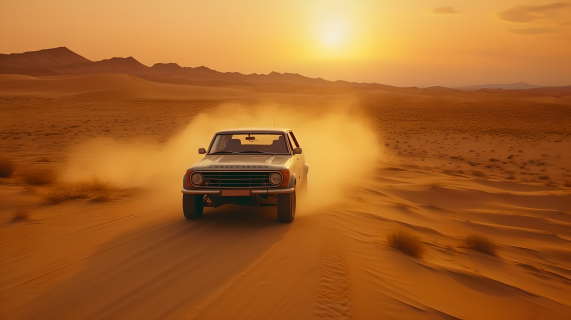 沙漠飞驰，尘土飞扬的汽车速度摄影图片
